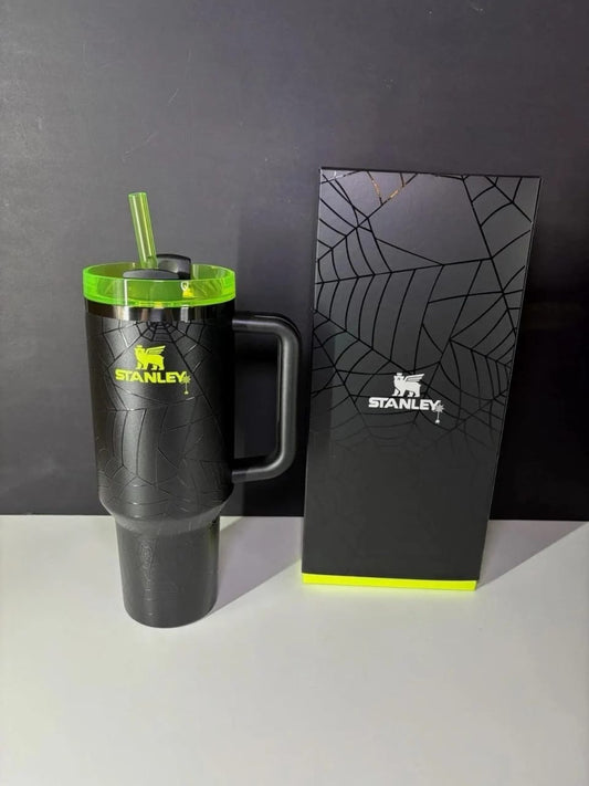 Stanley Spider Web Tumbler – Black with Neon Green Lid & Straw 40 oz